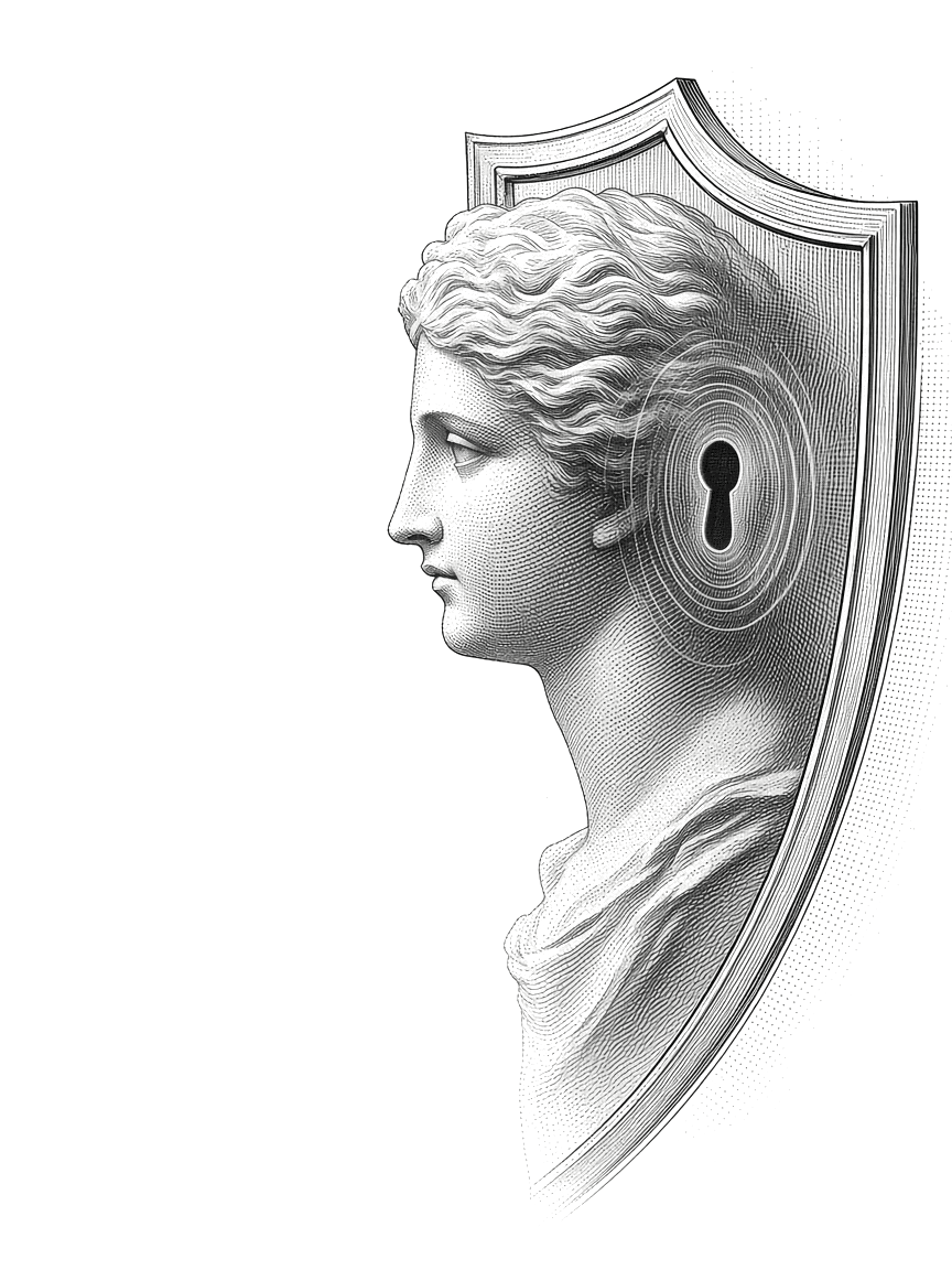 Engraved classical figure protected by a privacy shield